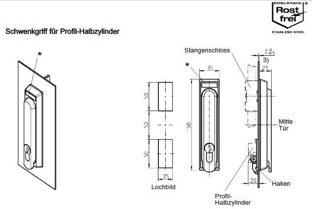Schwenkgriff für individuelle 10/30 mm Profilhalbzylinder - ohne Zylinderabdeckung - für Lochbild BxH 25x150 mm
