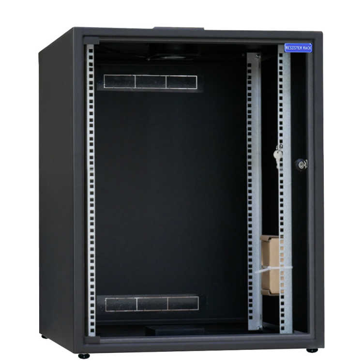 19"-Stand-/Wandschrank RESISTER aktiv - erhöhter Staubschutz IP50 - 15 HE - Glastür - BxT 600x600mm - Aktiv-Lüfter - schwarz