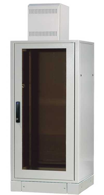 Serverschrank SZE2 mit Klimaanlage von Cosmotec/Stulz - Kühlleistung 300 - 2000 W - 24 HE - 600x800 mm - Glasfronttür - Sockel - lichtgrau