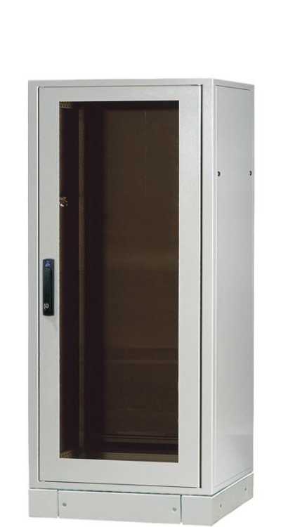Serverschrank SZE2 mit Klimaanlage von Cosmotec/Stulz - Kühlleistung 300 - 3000 W - 33 HE - 600x1000 mm - Glasfronttür - Sockel - lichtgrau
