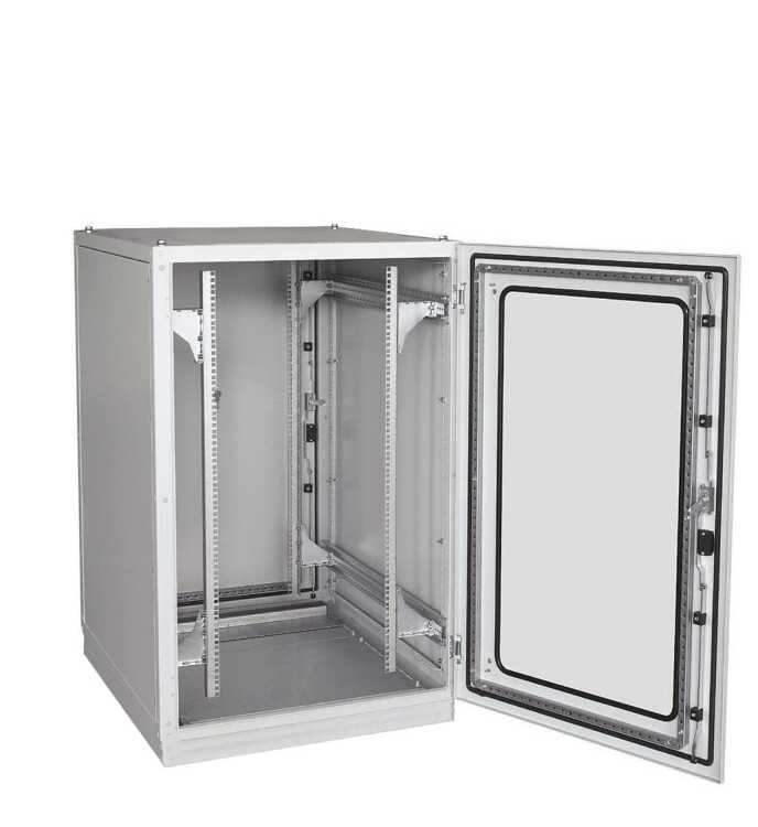 Serverschrank SZE2 mit Klimaanlage von Cosmotec/Stulz - Kühlleistung 300 - 4000 W - 33 HE - 800x800 mm - Glasfronttür - Sockel - lichtgrau