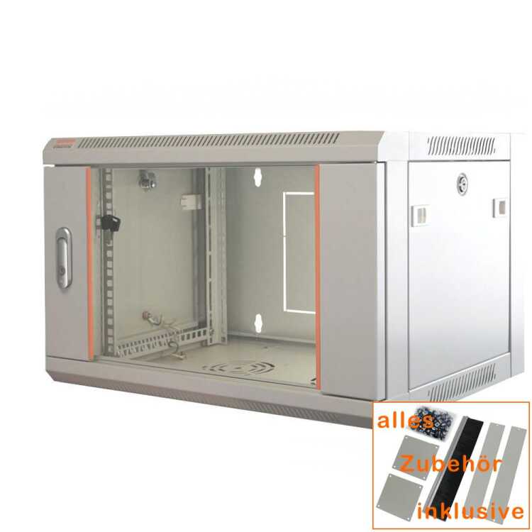19"-Netzwerkschrank SWA - 4 HE - BxT 570 x 350 mm - Sichttür - Seiten abnehmbar - Wand- + Standmontage - Zubehör-Set - lichtgrau