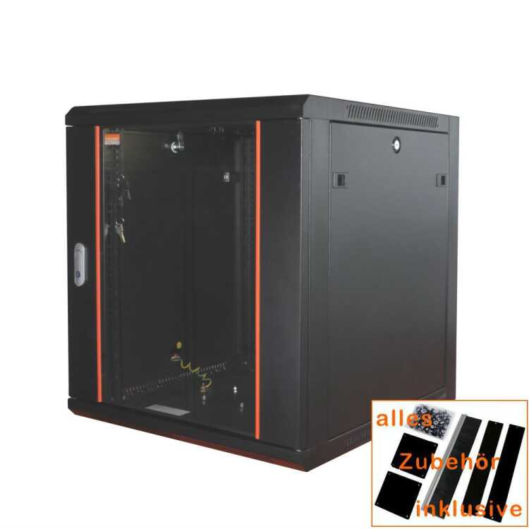 19"-Netzwerkschrank - 12 HE - BxT 570 x 600 mm - Glastür - Seiten abnehmbar - Wand- + Standmontage - schwarz
