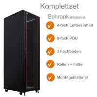 19"-Netzwerkschrank SRK von IT-BUDGET - Komplettset - 42 HE - BxT 600x800 mm - Sicht-/Vollblechtür - 4 Aktiv-Lüfter - montiert - schwarz