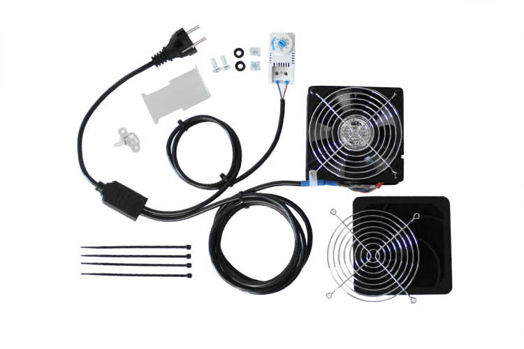 Komplettset IT-Schranklüfter mit Thermostat - einsatzfertig verkabelt - 160 m²/h Luftdurchsatz - 1 x 230 V Ventilator, Schutzgitter, Leitungen, Thermostat, Schrauben
