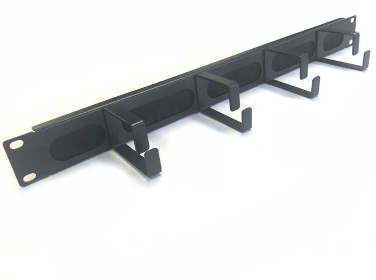19"-Kabeldurchführungsplatte mit Bürste und 4 hochstabilen Metall-Kabelbügel - Bügelgröße 70x44 mm - 1 HE - schwarz