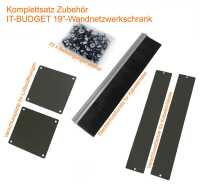 19"-Netzwerkschrank SWA - 9 HE - BxT 570 x 450 mm - Sichttür - Seiten abnehmbar - Wand- + Standmontage - Zubehör-Set - schwarz
