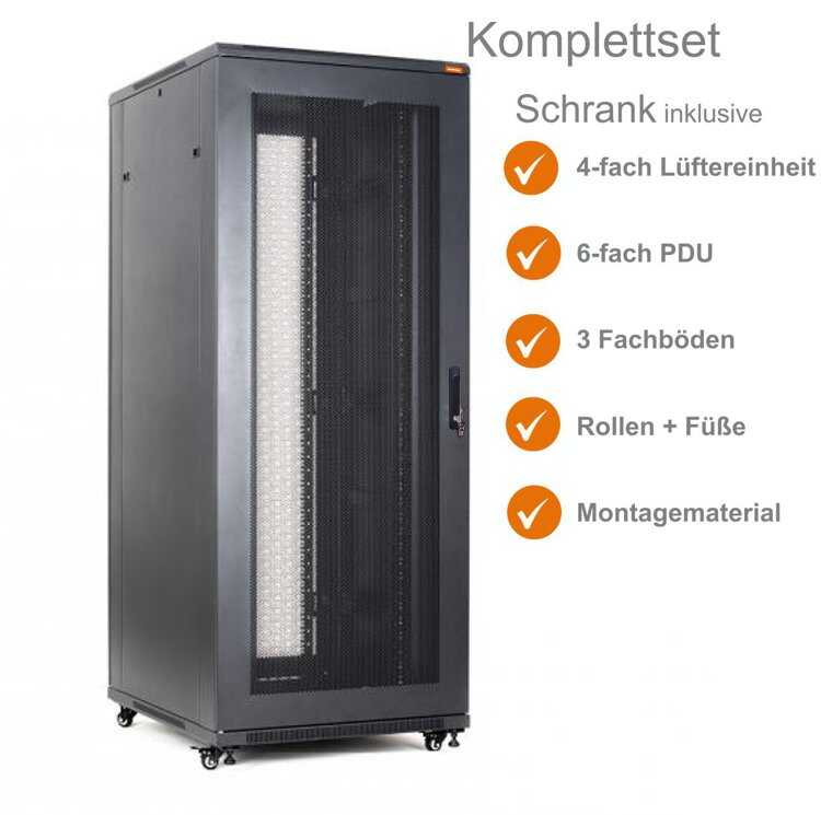 19"-Serverschrank SRK von IT-BUDGET - Komplettset - 42 HE - BxT 800x1000 mm - Sicht-/Vollblechtür - 4 Aktiv-Lüfter - Flatpack - schwarz