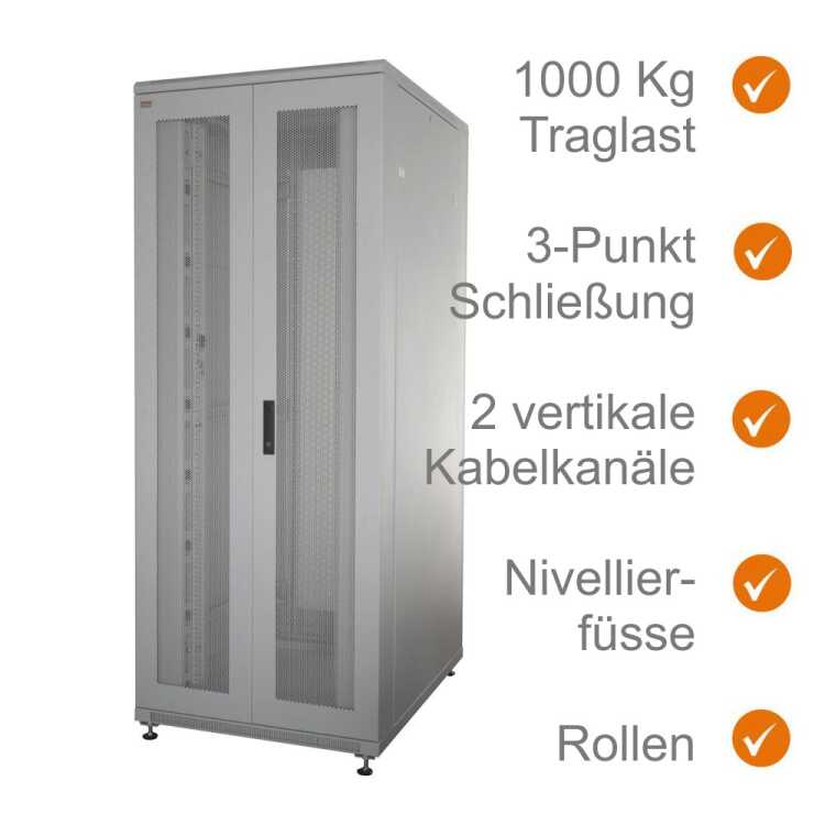 19"-Serverschrank SRK von IT-BUDGET - 42 HE - BxT 800x1000 mm - perforierte Doppeltüren vo + hi - Flatpack - lichtgrau