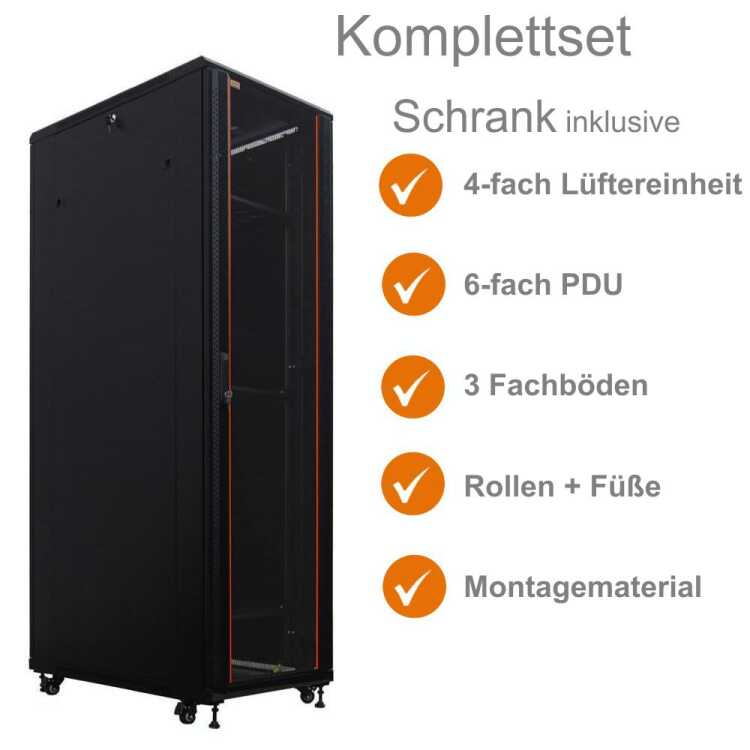 19"-Serverschrank SRK von IT-BUDGET - Komplettset - 42 HE - BxT 600x1000 mm - Sicht-/Vollblechtür - 4 Aktiv-Lüfter - montiert - schwarz