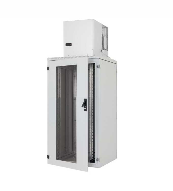 19"-Serverschrank RIE von TRITON mit Cosmotec/STULZ Dachaufbau-Kühlgerät - Kühlleistung 2000 W - 32 HE - BxT 800 x 1000 mm - Sichttür - RückWand - lichtgrau
