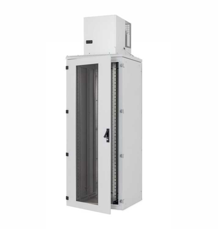 19"-Serverschrank/Netzwerkschrank RIE von TRITON mit Cosmotec/STULZ Dachaufbau-Kühlgerät - Kühlleistung 2700 W - 42 HE - BxT 800 x 800 mm - Sichttür - RückWand - lichtgrau