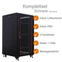 19"-Netzwerkschrank SRK von IT-BUDGET - Komplettset - 22 HE - BxT 600x600 mm - Sicht-/Vollblechtür - 4 Aktiv-Lüfter - montiert - schwarz