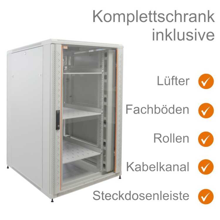 19"-Serverschrank SRK von IT-BUDGET - Komplettset - 27 HE - BxT 800x1000 mm - Sicht-/Vollblechtür - 4 Aktiv-Lüfter - Flatpack - lichtgrau