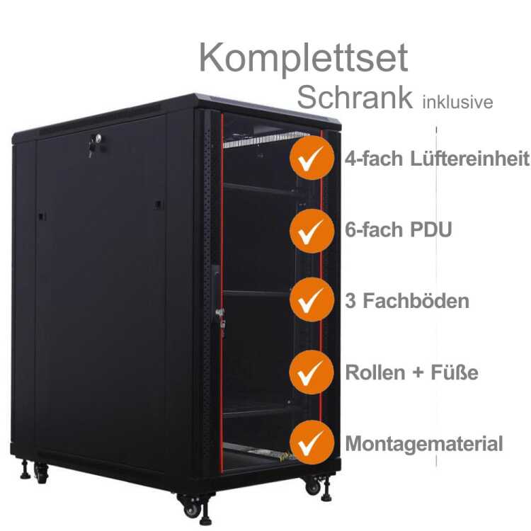 19"-Serverschrank SRK - Komplettset - 27 HE - BxT 800x1000 mm - Sicht-/Vollblechtür - 4 Aktiv-Lüfter - PDU - Fachböden - Flatpack - schwarz