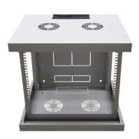 19"-Netzwerkschrank AAR - 9 HE - Tiefe 600 mm - Perforierte Tür - mit Ventilator, Thermostat, Fachboden - lichtgrau