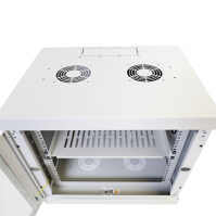 19"-Netzwerkschrank AAR - 9 HE - Tiefe 600 mm - Perforierte Tür - mit Ventilator, Thermostat, Fachboden - lichtgrau