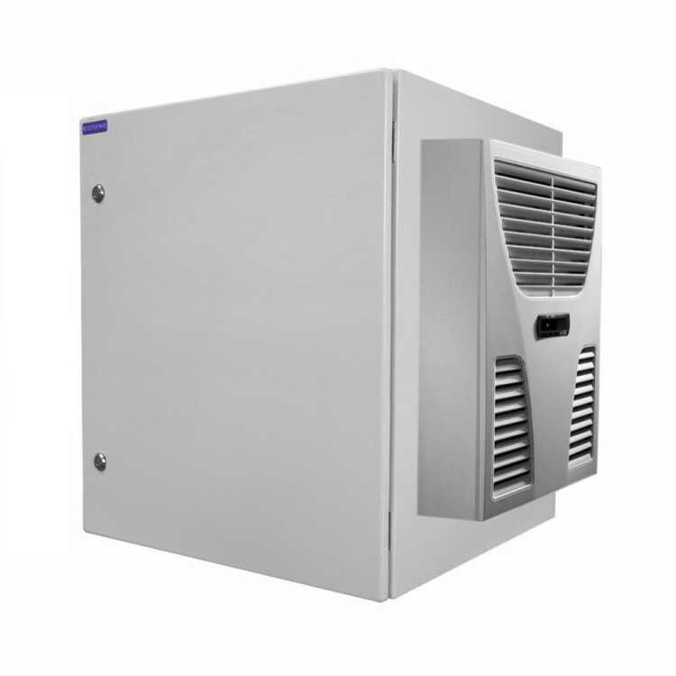 19"-Serverschrank RESISTER Pro mit Kühlgerät - Kühlleistung konfigurierbar 300 bis 900 W - IP54/55 für Outdoor + Industrie - Vollblechtür - 16 HE - 600x600 mm - lichtgrau